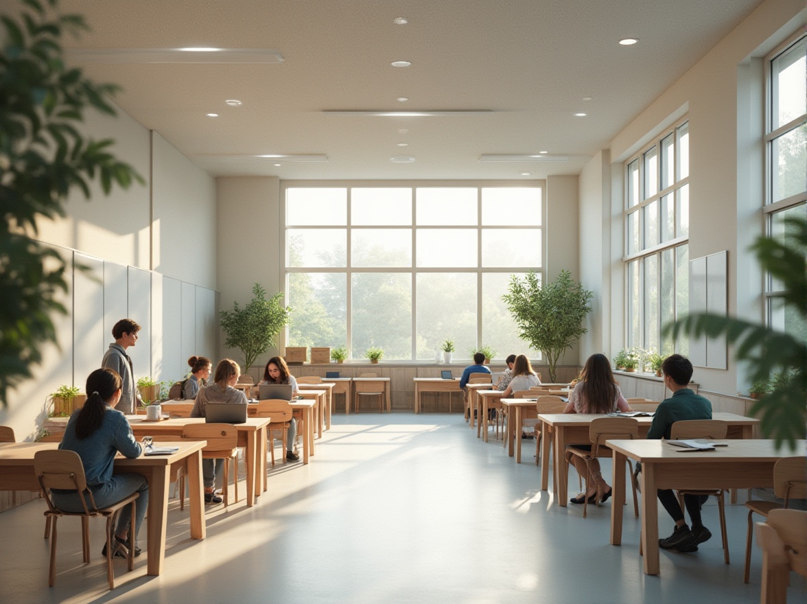 Prompt: Modern school design, light gray walls, floors, and furniture, calming atmosphere, minimalistic style, clean lines, geometric shapes, wooden accents, greenery, natural light pouring through large windows, soft shadows, 3/4 composition, students sitting or standing in groups, laptops and books scattered around, warm and cozy ambiance, depth of field, realistic rendering, cinematic lighting, subtle texture, subtle gradient effect.