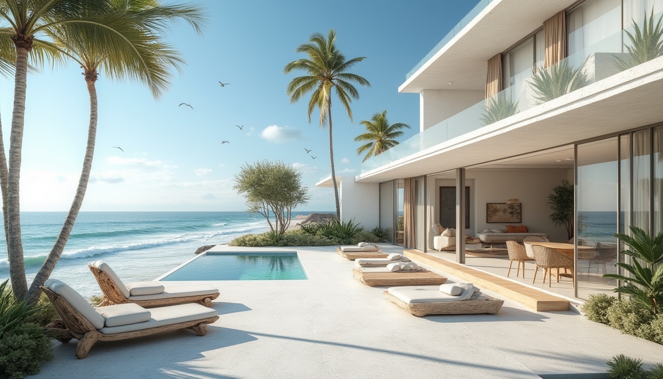 Prompt: Modern coastal villa, sleek architecture, white walls, large windows, Plasticrete material, textured surface, rough finish, ocean view, beachside, palm trees, gentle breeze, sunny day, clear blue sky, seagulls flying overhead, waves crashing against the shore, driftwood furniture, comfortable outdoor seating area, rustic wooden accents, natural color palette, warm ambient lighting, 3/4 composition, panoramic view.