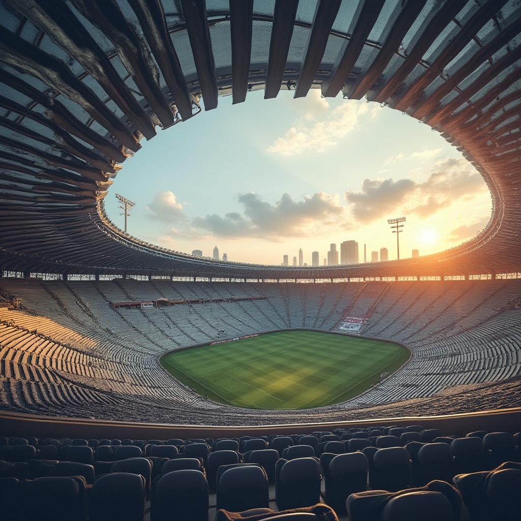 Prompt: Modern stadium, corrugated iron, silver metallic material, curved lines, wavy texture, structural element, ribbed surface, industrial look, dramatic architecture, vast open space, evening time, warm golden lighting, dynamic angles, low-angle shot, atmospheric perspective, 3/4 composition, urban landscape, cityscape, skyscrapers in background, vibrant colors, bold design.