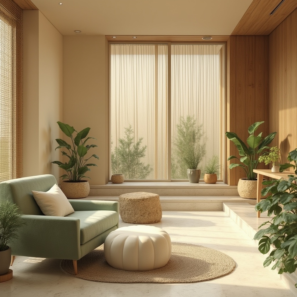 Prompt: Calming interior space, healing environment, warm beige walls, natural wood accents, creamy white furniture, plush green velvet armchair, soft golden lighting, gentle shadows, lush indoor plants, delicate water features, peaceful ambiance, serene atmosphere, natural materials, woven bamboo, rough-hewn stone, reclaimed wood, organic shapes, earthy tones, calming colors, soothing textures, warm and inviting composition, 3/4 view, soft focus.