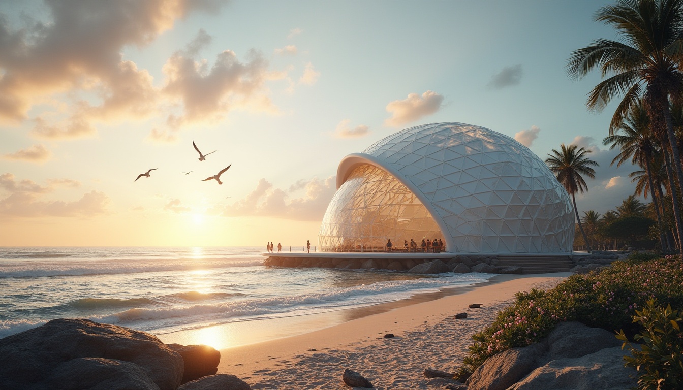 Prompt: Beach monument, modern architecture, white polycarbonate dome, transparent, reflective, glossy surface, intricate structure, detailed texture, seaside, sunset, golden lighting, seagulls flying overhead, waves crashing against the shore, sandy beach, tropical plants, palm trees, driftwood, weathered rocks, dramatic sky with clouds, 3/4 composition, soft focus, cinematic mood.