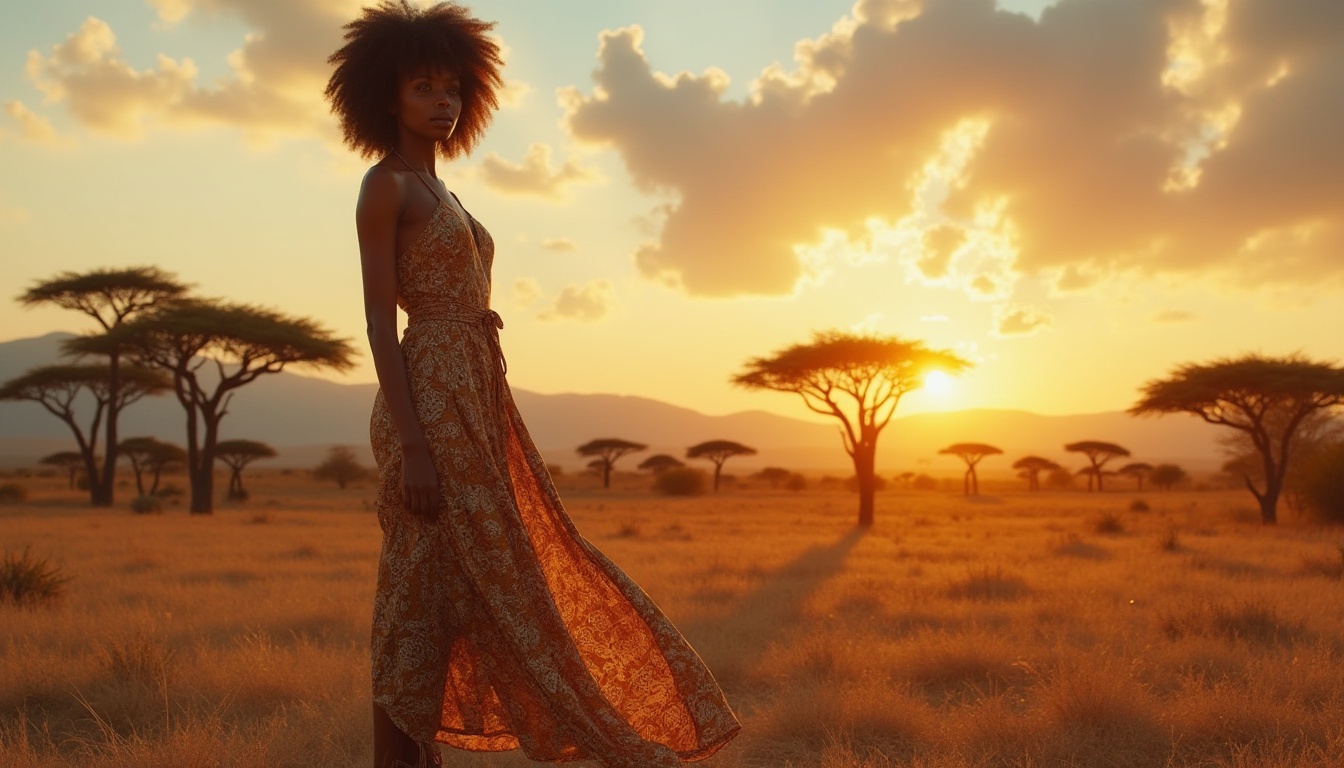 Prompt: Savannah-inspired, African woman, natural hair, afro, earthy tones, tribal makeup, flowing maxi dress, leaf pattern, V-neck, bare feet, standing, savannah landscape, acacia trees, sunset, warm golden light, fluffy white clouds, distant mountains, serene atmosphere, gentle breeze, soft focus, cinematic composition, 3/4 angle, natural textures, earthy materials.