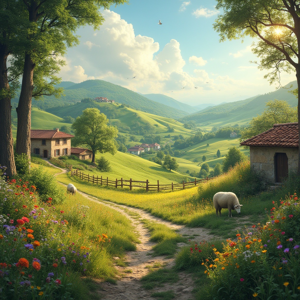 Prompt: Countryside scenery, peaceful rural environment, rolling hills, lush green pastures, scattered farmhouses, traditional tile roofs, wooden fences, winding dirt paths, vibrant wildflowers, blooming in every color, tall trees providing shade, birds singing sweet melodies, a few fluffy sheep grazing, warm sunlight filtering through the clouds, soft focus, natural colors, serene atmosphere, 3/4 composition, panoramic view, depth of field, cinematic lighting.