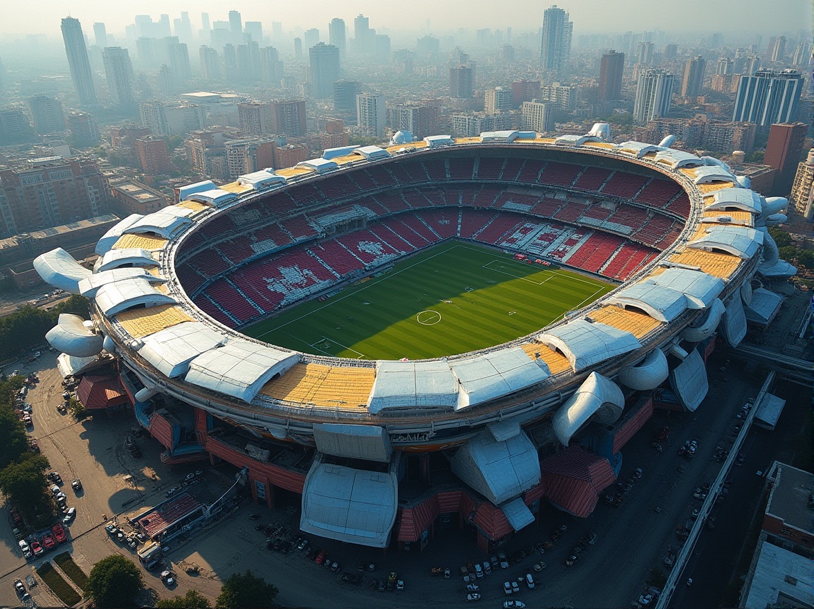 Prompt: Postmodern football stadium, futuristic architecture, irregular shapes, bold colors, fragmented forms, deconstructivist style, abstract patterns, dynamic lighting, urban landscape, cityscape, metropolitan area, aerial view, bird's eye perspective, 3/4 composition, dramatic shadows, complex structures, metallic materials, industrial textures, vibrant signage, eclectic atmosphere.