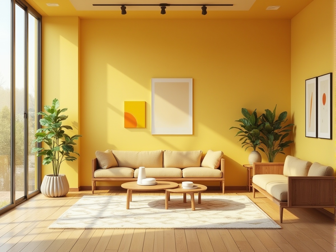 Prompt: Light yellow walls, modern minimalist commercial space, warm atmosphere, bright lighting, floor-to-ceiling windows, sleek wooden furniture, chrome accents, potted plants with green leaves, geometric patterned rugs, abstract art pieces, warm-toned wood flooring, minimal decorative accessories, 3/4 composition, soft natural light, relaxed ambient mood, Scandinavian-inspired design elements.