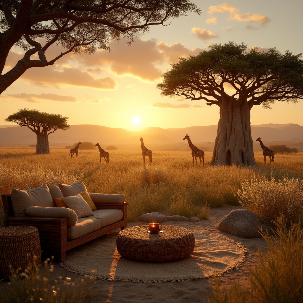 Prompt: African savannah, warm sunset, golden light, acacia trees, wildflowers blooming, tall grass, gentle breeze, few giraffes roaming in distance, a lone baobab tree standing tall, natural fabrics, earthy tones, woven baskets, wicker furniture, African patterns, rustic wooden accents, stone carvings, subtle animal textures, warm ambient lighting, soft focus, cinematic composition.