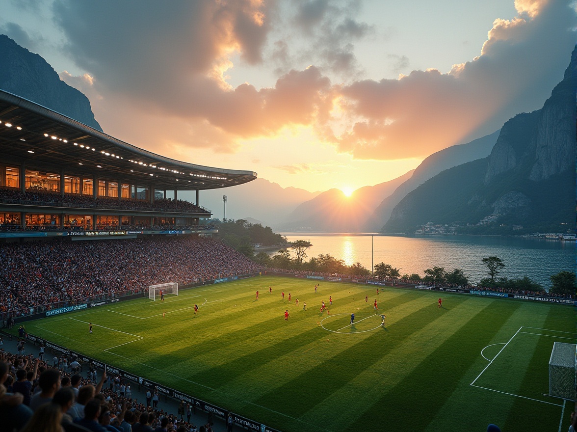 Prompt: Lakefront soccer stadium, evening time, sunset glow reflecting off rippling water, majestic mountains in distant background, lush greenery surrounding the stadium, sleek modern architecture with curvaceous lines, cantilevered roof, transparent glass façade, floodlights illuminating the field, vibrant green grass, players in dynamic action, jerseys and shorts in bold colors, shin guards and cleats, cheering crowds in stands, waving flags and banners, atmospheric mist rising from lake surface, dramatic clouds, warm golden lighting, cinematic composition.