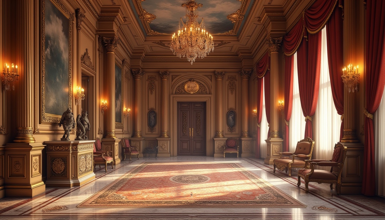 Prompt: Renaissance style interior, luxurious mansion, grand hall, high ceiling, marble floor, ornate chandelier, velvet drapes, golden frame paintings, antique furniture, carved wooden panels, intricate moldings, richly patterned rugs, lavish decor, symmetrical composition, warm soft lighting, 3/4 view, detailed textures, realistic reflections.