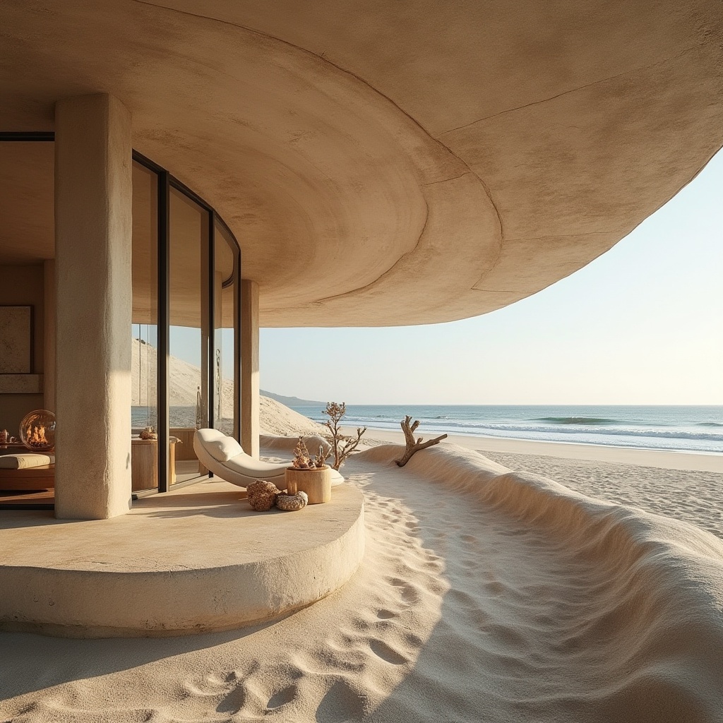 Prompt: Coastal architecture, modern villa, mud material, sustainable design, natural texture, earthy tone, curved lines, minimalist interior, large windows, ocean view, beachside location, sandy dunes, driftwood decor, seashell accents, soft warm lighting, 3/4 composition, panoramic view.