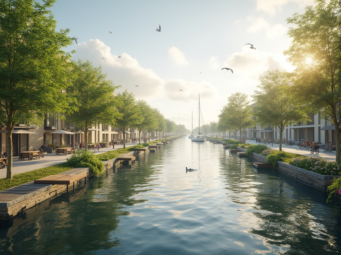 Prompt: Successful riverbank projects, vibrant greenery, lush trees, blooming flowers, serene water reflection, wooden docks, modern benches, pedestrians strolling, cyclists riding, sunny afternoon, warm soft lighting, gentle breeze, few sailboats sailing, seagulls flying overhead, natural stone walls, winding river path, beautiful panoramic view, 3/4 composition, realistic rendering, ambient occlusion.