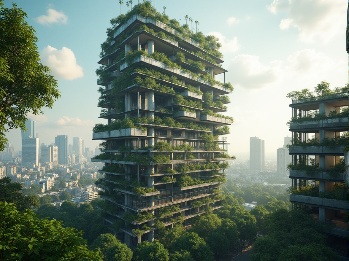 Prompt: Brutalist skyscraper, sustainable design, green architecture, eco-friendly, futuristic, urban jungle, cityscape, metropolitan area, steel beams, concrete columns, industrial texture, geometric shape, angular lines, minimalist aesthetic, abundant natural light, living walls, vertical garden, solar panels, wind turbines, rainwater harvesting system, recycled materials, energy-efficient systems, panoramic view, dramatic lighting, 3/4 composition, cinematic atmosphere.