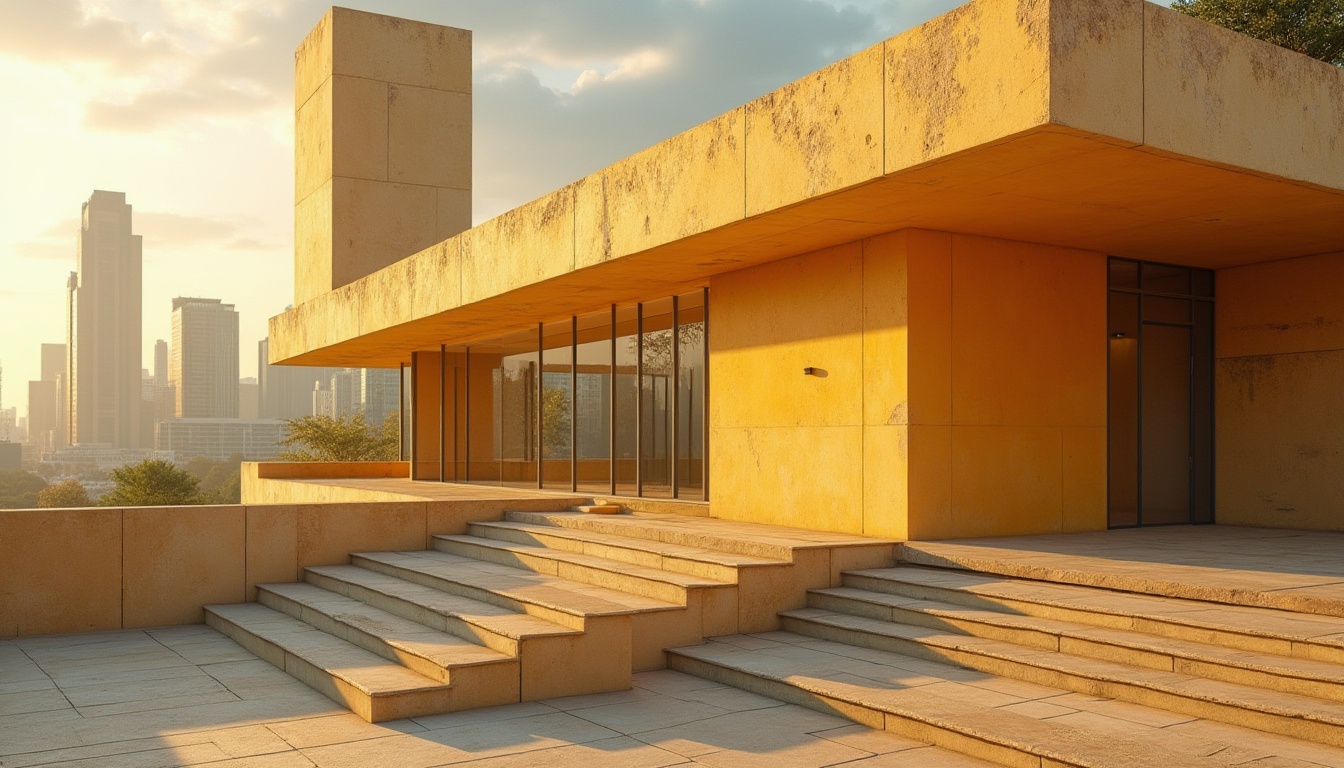 Prompt: Ocher color, modern architecture, building facade, exterior wall, urban landscape, cityscape, skyscraper, abstract shape, geometric pattern, warm beige tone, earthy texture, rough stone, smooth glass, steel frame, minimalist design, 3/4 composition, low-angle shot, dramatic lighting, deep depth of field, cinematic mood, HDR rendering.