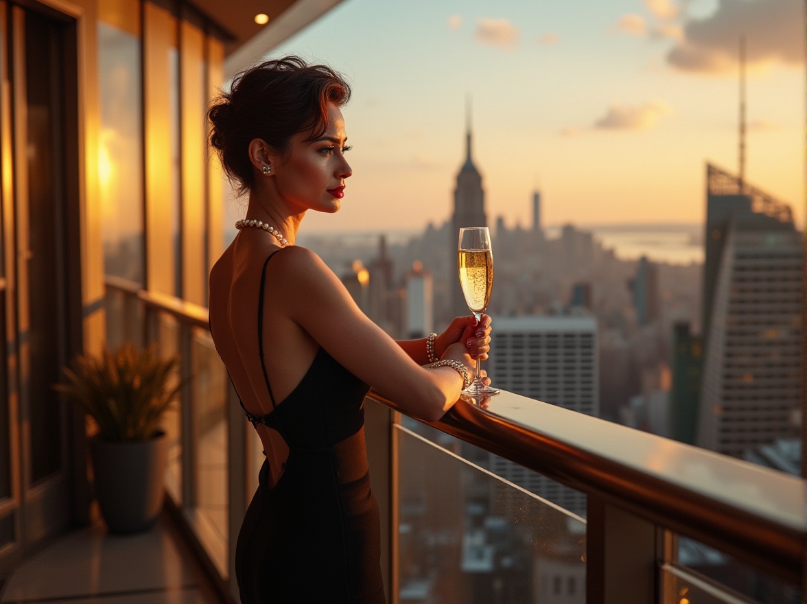 Prompt: Bronze, urban eclectic design, luxurious interior, modern skyscraper, penthouse, mature lady, elegant hairstyle, bold red lipstick, pearl necklace, black evening gown, high heels, holding champagne flute, leaning against bronze railing, overlooking cityscape, panoramic view, warm golden lighting, cinematic composition, shallow depth of field, metallic texture, smooth finish, intricate details.