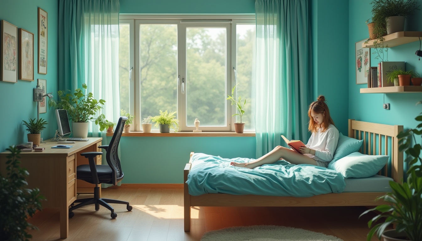 Prompt: Teal color, student hall, refreshing atmosphere, modern minimalist design, wooden floor, simple bed frame, teal blue bedding, matching curtains, study desk with metal legs, ergonomic chair, fun decorative posters, green plants on shelves, natural light pouring through large windows, softbox lighting, cozy reading nook, solo female student, casual wear, messy hair, holding a book, relaxed posture, afternoon sunlight, subtle shadows, warm tone, inviting composition.