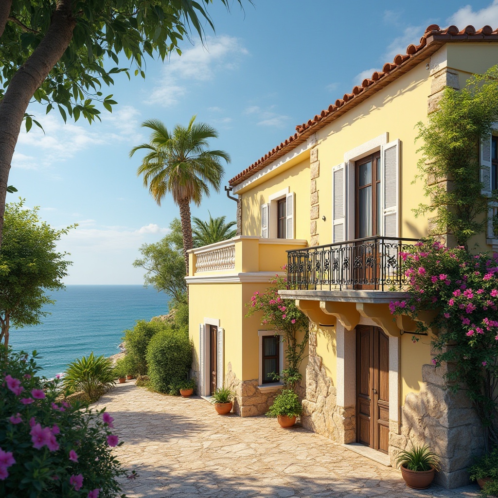 Prompt: Coastal architecture, Mediterranean style villa, light yellow walls, white windows, terracotta roof tiles, lush greenery, palm trees, beachside location, warm sunny day, clear blue sky, gentle sea breeze, ocean view, balcony with ornate iron railing, wooden shutters, rustic door, natural stone foundation, vibrant bougainvillea flowers, soft focus, warm lighting, 3/4 composition, relaxed atmosphere.