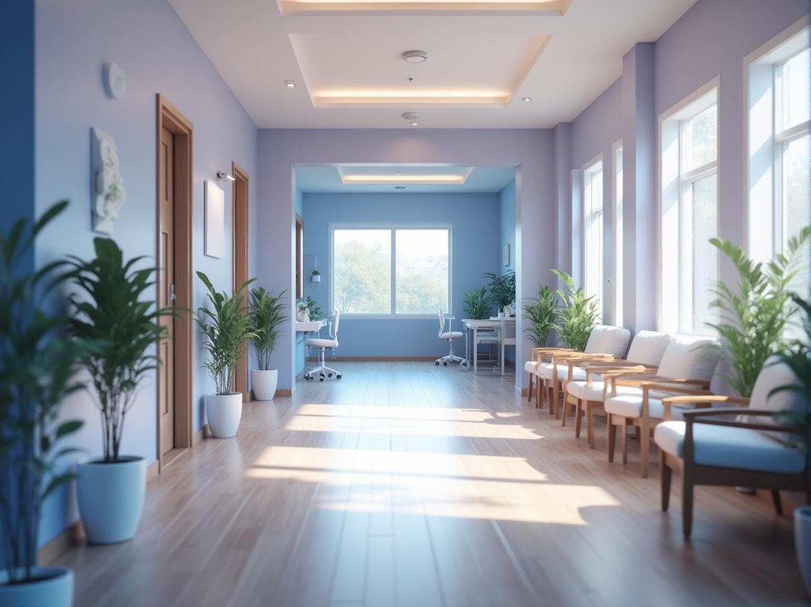 Prompt: Calming healthcare interior, incorporating lavender blue color scheme, hospital corridor, nurse station, medical equipment, comfortable waiting area, soft cushioned chairs, warm wooden flooring, natural light pouring through large windows, green plants, gentle curves, calming ambiance, serene atmosphere, minimalist decorative accents, subtle texture, smooth lines, soothing color palette, gentle contrast, 3/4 composition, shallow depth of field, soft focus, warm lighting, cinematic mood.