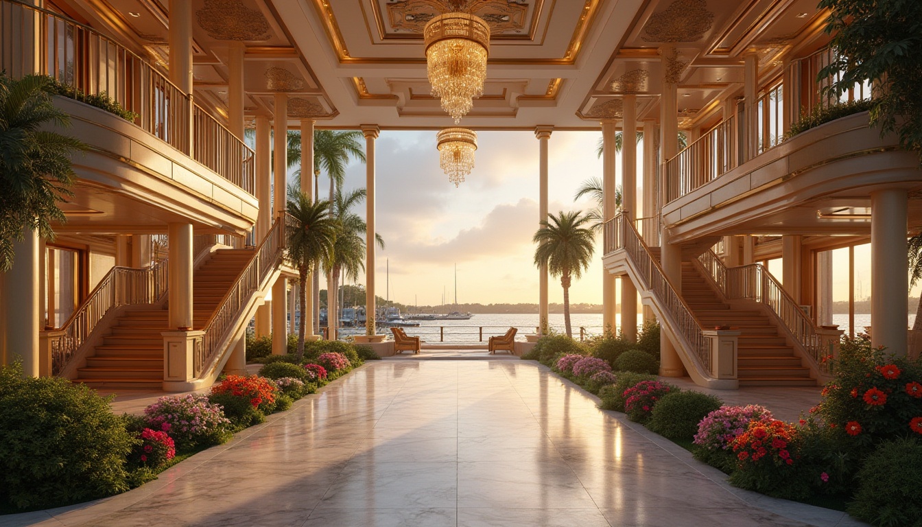 Prompt: Lakefront community center, Art Deco style, luxurious, golden ornaments, geometric patterns, symmetrical architecture, grand entrance, marble floors, high ceilings, chandeliers, spiral staircases, balconies overlooking lake, sunset view, calm waters, sailboats docked, lush greenery, palm trees, vibrant flowers, warm lighting, 3/4 composition, soft focus, cinematic mood.