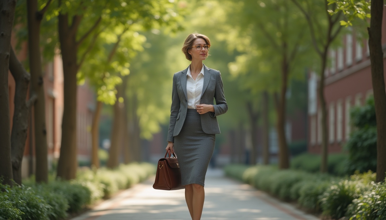 Prompt: Sophisticated professor, mature lady, (40yo), elegant hairstyle, glasses with golden frames, minimal makeup, classic suit, white blouse, fitted waist, pencil skirt, high heels, leather briefcase, standing, university campus, stone pavement, greenery surroundings, ancient trees, soft natural light, cinematic composition, shallow depth of field, realistic, warm and inviting atmosphere.