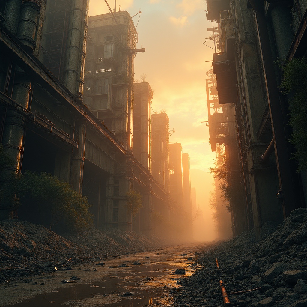 Prompt: Canyon deconstructivism style, futuristic, abandoned cityscape, crumbling skyscrapers, twisted metal beams, shattered glass windows, vines crawling up walls, rusty pipes exposed, concrete rubble, debris scattered streets, eerie atmospheric fog, warm orange sunset glow, dramatic high contrast lighting, cinematic composition, wide-angle lens, 3/4 view, low angle shot.