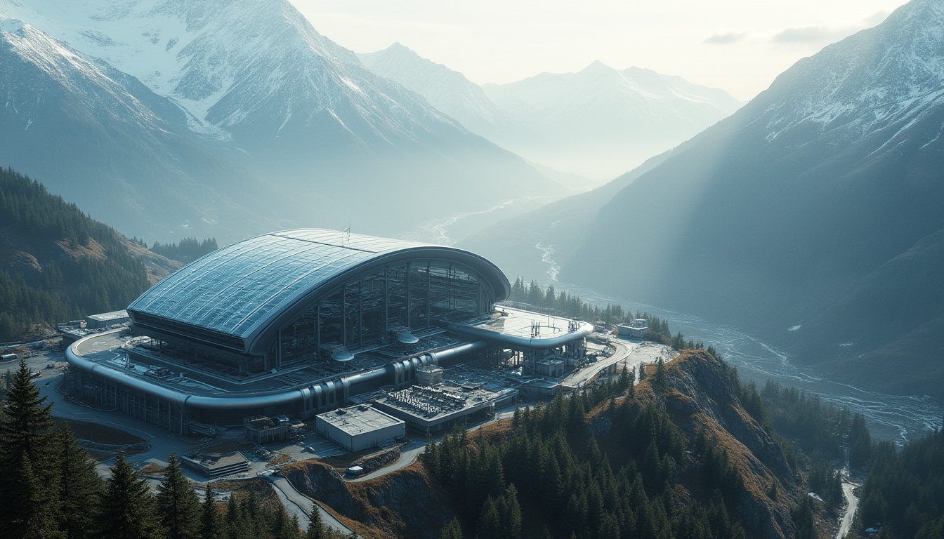 Prompt: Mountainous energy plant, futuristic design, curved metal structure, transparent glass roof, snow-capped mountains in background, misty atmosphere, subtle fog, rugged terrain, rocky cliffs, pine trees, winding roads, steep slopes, solar panels, wind turbines, hydroelectric generators, complex piping system, metallic latticework, industrial equipment, machinery details, afternoon sunlight, dramatic shadows, cinematic composition, 3/4 view.