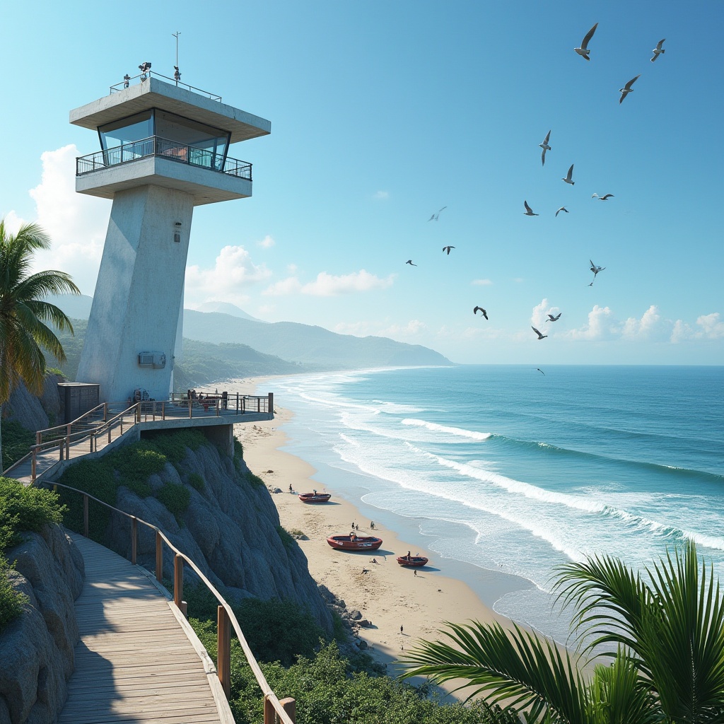 Prompt: Coastal watching tower, modern architecture, seaside scenery, tall slender structure, white concrete, glass windows, observation deck, binoculars, lifeguard equipment, rescue boats, sunny day, clear blue sky, seagulls flying overhead, waves crashing against the shore, sandy beach, tropical plants, palm trees, rustic wooden walkway, coastal path, dramatic cliffside, panoramic view, high-angle shot, cinematic composition, natural lighting.