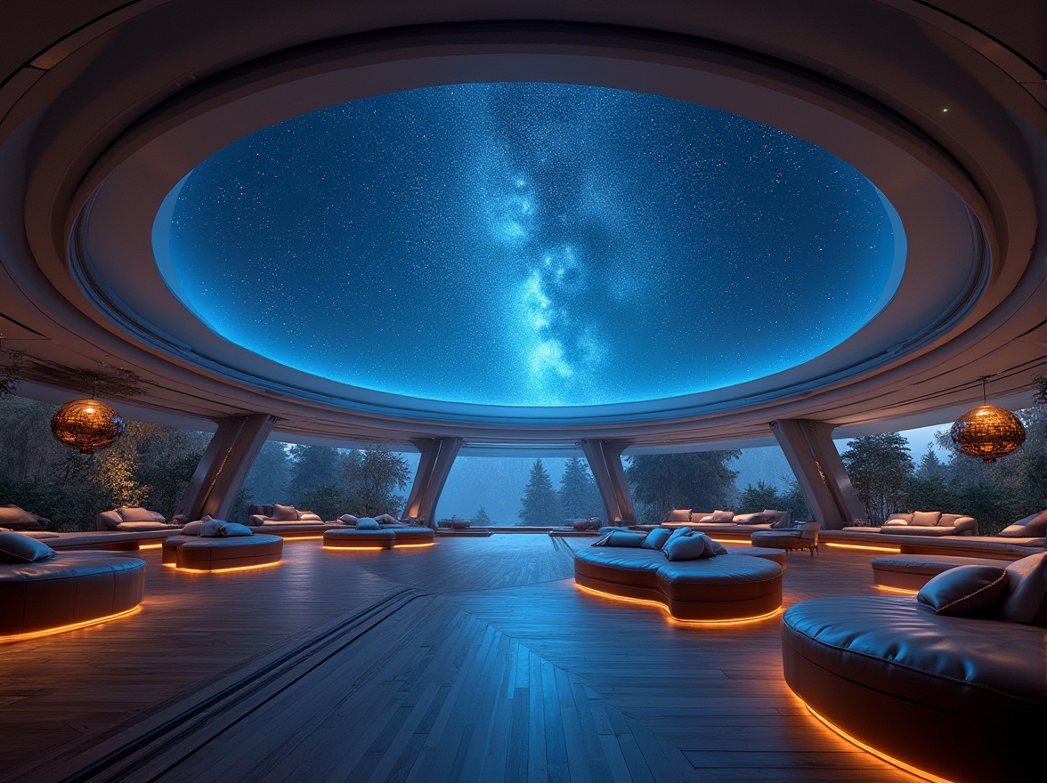 Prompt: Futuristic planetarium, fusion architecture, grand entrance, circular structure, dome-shaped ceiling, starry night sky projection, comfortable seating area, plush cushions, wooden flooring, ambient lighting, soft blue glow, spherical chandeliers, metallic accents, minimal decor, panoramic view, 3/4 composition, warm atmosphere, inviting ambiance, calm mood, futuristic details, neon lights, sleek lines, celestial bodies display, astronomical instruments, observatory, stargazing, night scenery, misty atmosphere.