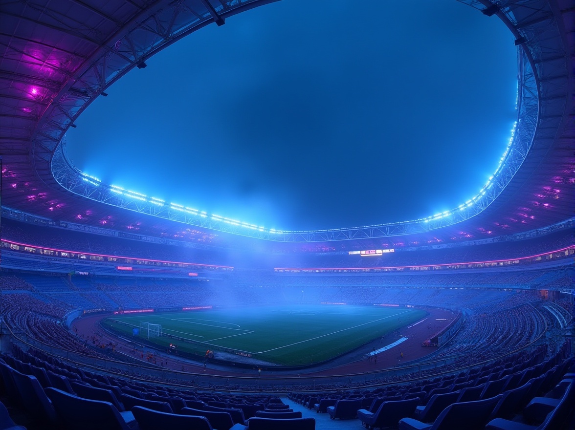 Prompt: Stadium, blue violet color scheme, modern architecture, grandstand seating, sleek lines, metallic structure, vibrant LED lights, evening game atmosphere, dramatic floodlights, misty background, foggy weather, low-angle shot, wide-angle lens, dynamic composition, bold contrast, high-saturation colors, energetic mood.