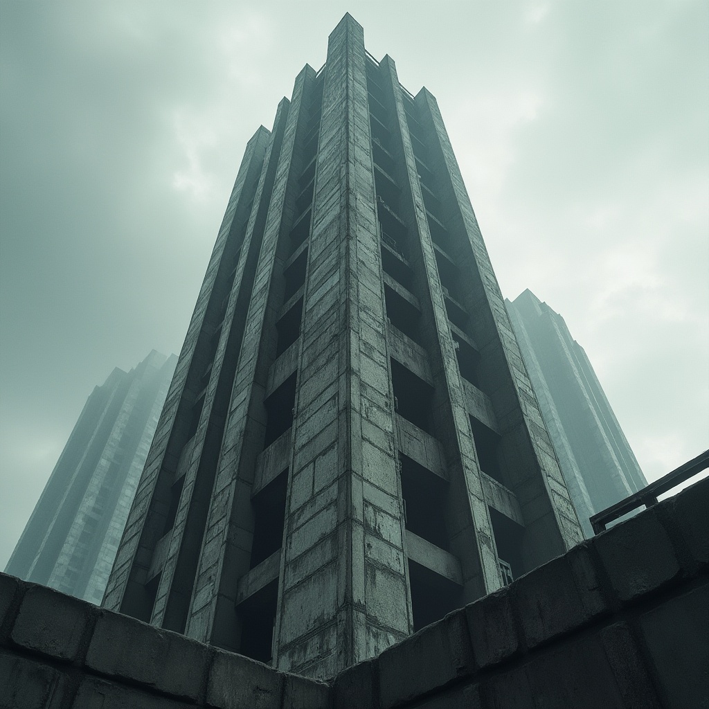 Prompt: Brutalist skyscraper, concrete structure, geometric shapes, fortress-like design, rugged textures, raw materials, industrial aesthetics, urban jungle setting, cloudy sky, dramatic shadows, low-angle shot, cinematic composition, bold architectural lines, brutalist details, abstract patterns, monotone color palette, atmospheric lighting, mysterious ambiance.