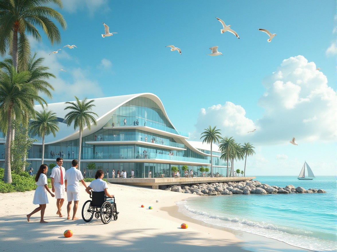 Prompt: Coastal healthcare center, modern architecture, glass facade, wave-inspired design, beachside location, palm trees surrounding, white sand, clear turquoise water, sunny day, blue sky with few clouds, seagulls flying overhead, patients and doctors walking along the beach, strolling in wheelchairs, happy expressions, colorful beach balls, sailboats in the distance, warm soft lighting, shallow depth of field, 3/4 composition, natural colors, realistic textures.