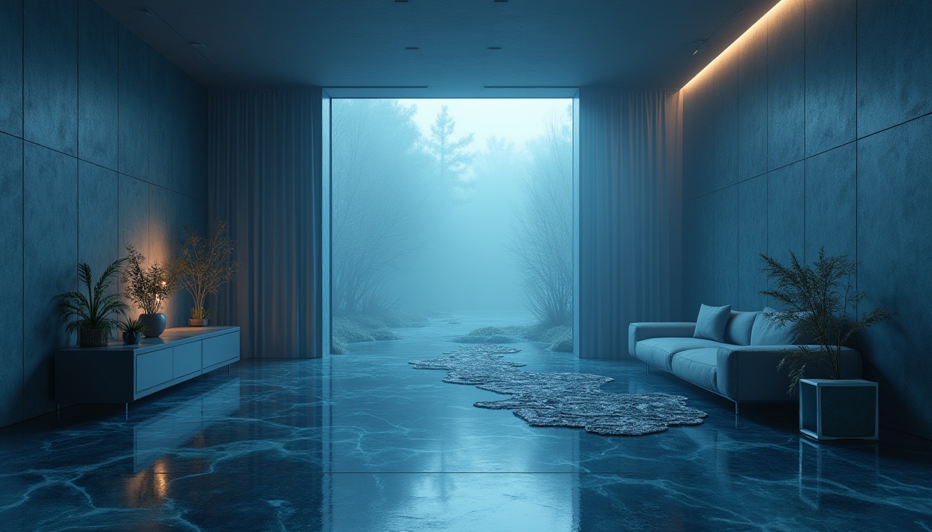 Prompt: Wetland space, indigo color walls, bold modern design, abstract water pattern floor, futuristic minimalistic furniture, sleek low-poly plants, misty atmosphere, warm softbox lighting, shallow depth of field, 3/4 composition, panoramic view, mysterious ambiance, eerie silence.