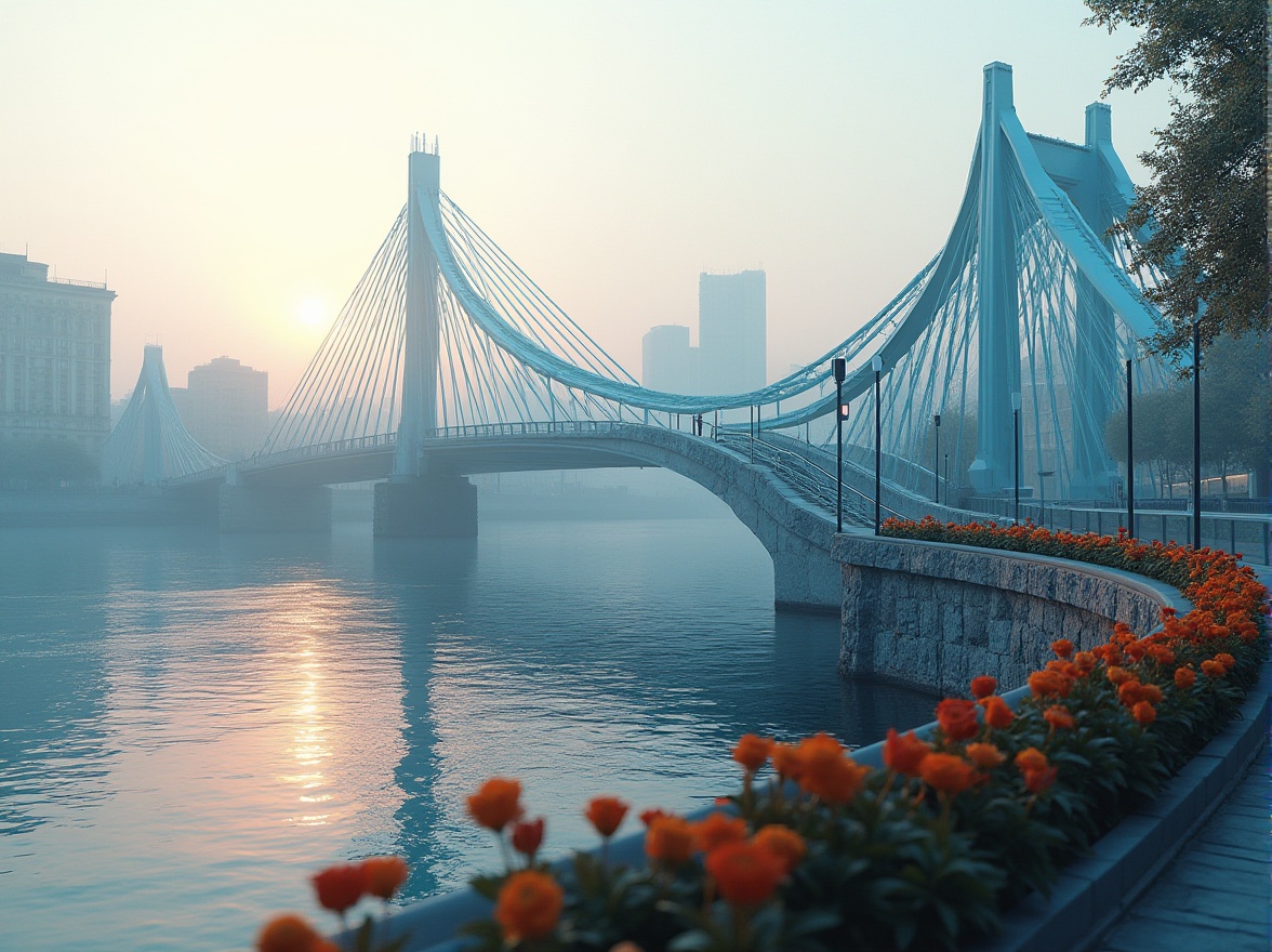 Prompt: Periwinkle colored bridge, modern architectural design, sleek lines, gentle curves, river crossing, cityscape, urban atmosphere, misty morning, soft golden light, subtle reflections on water surface, pedestrian walkway, steel cables, suspension towers, periwinkle blue paint, metallic sheen, intricate stonework, dramatic arches, vibrant flower beds along the riverside, dynamic 3/4 composition, low-angle shot, cinematic depth of field.