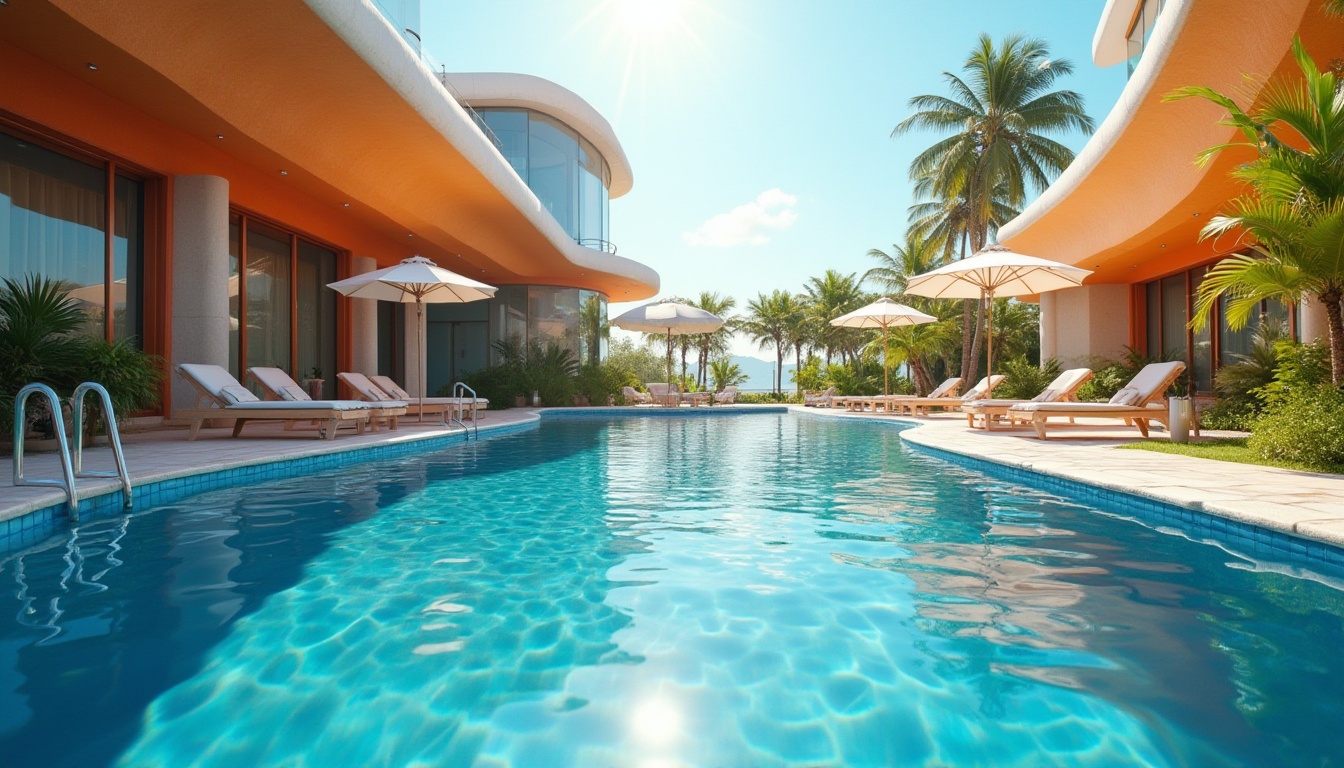 Prompt: Modern swimming pool, innovative plastic materials, colorful mosaic tiles, curved lines, futuristic architecture, sleek lounge chairs, umbrellas, tropical plants, bright blue water, sun reflection, shallow and deep ends, ladder with plastic handrails, pool noodles floating, summer vibes, warm sunlight, 3/4 composition, soft focus background.