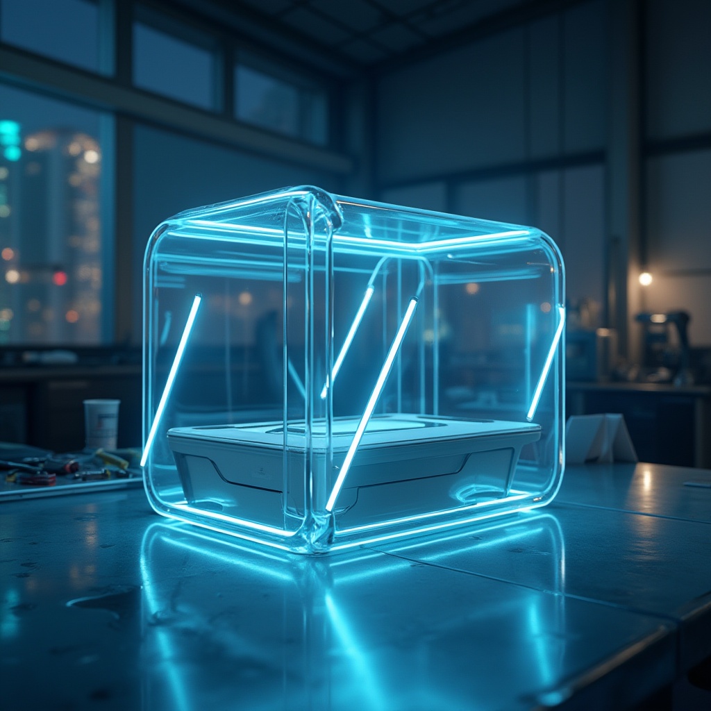 Prompt: Modern product design, futuristic aesthetic, polycarbonate material, transparent, reflective surface, smooth texture, minimalist structure, geometric shape, LED light integration, glowing blue lines, high-tech laboratory, metal workbench, scattered tools, cityscape background, night scene, neon lights reflection, cinematic composition, shallow depth of field, futuristic ambiance, bright highlights.