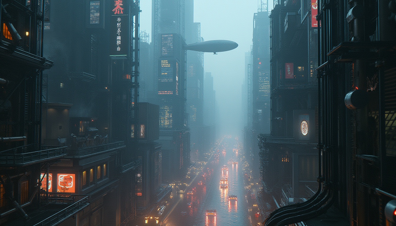 Prompt: Futuristic cityscape, urban constructivism style, skyscrapers with metallic grids, neon lights illuminating the night sky, complex piping systems, industrial textures, abstract geometric shapes, 3D modeled buildings, cyberpunk atmosphere, rainy night, foggy mist, distant blimp in the air, city streets with holographic advertisements, levitating cars, sleek modern architecture, intricate details, high-contrast lighting, cinematic composition, atmospheric haze, moody colors, dramatic shadows.