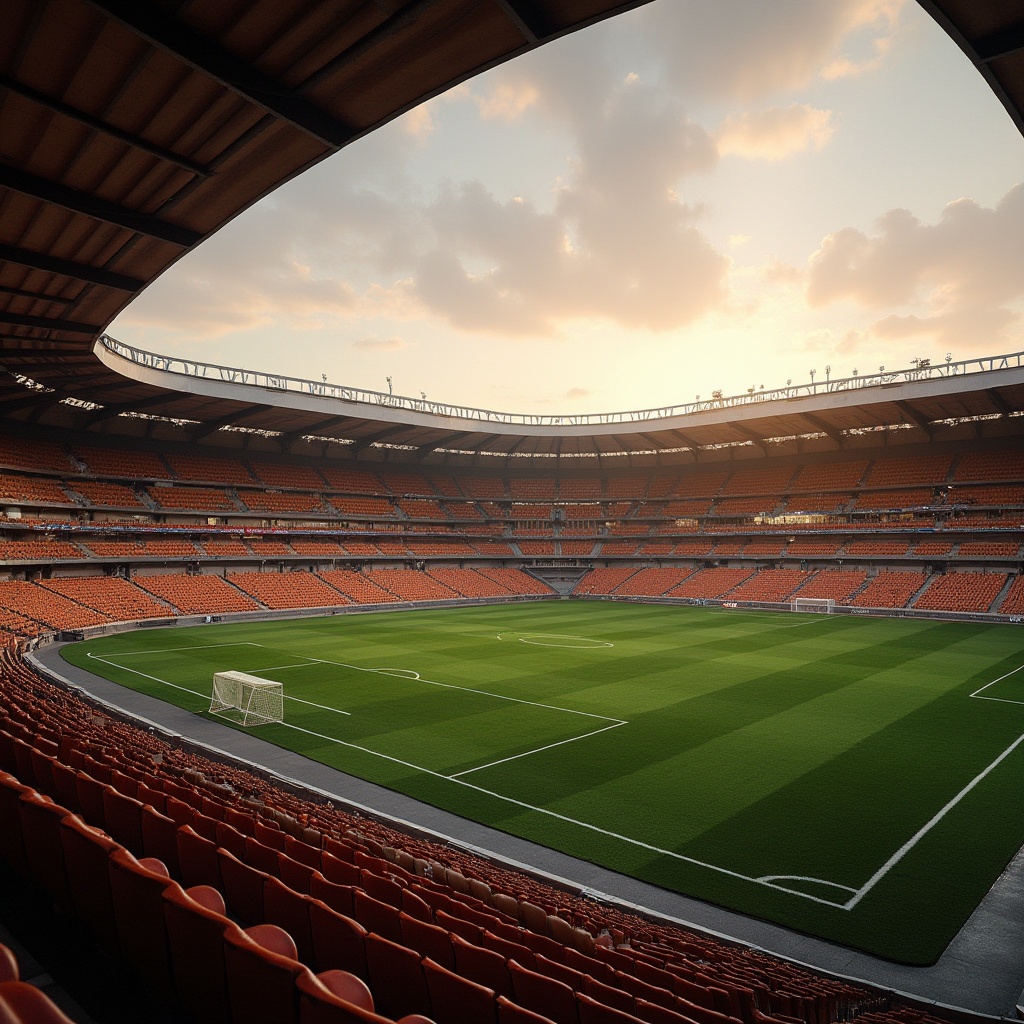 Prompt: Brown colored stadium, modern architecture, sleek lines, angular structure, brown stone walls, dark brown roof, green grass field, vibrant yellow goalposts, brown leather seats, metallic railings, evening atmosphere, warm sunset lighting, panoramic view, 3/4 composition, shallow depth of field, realistic textures, high-quality rendering.