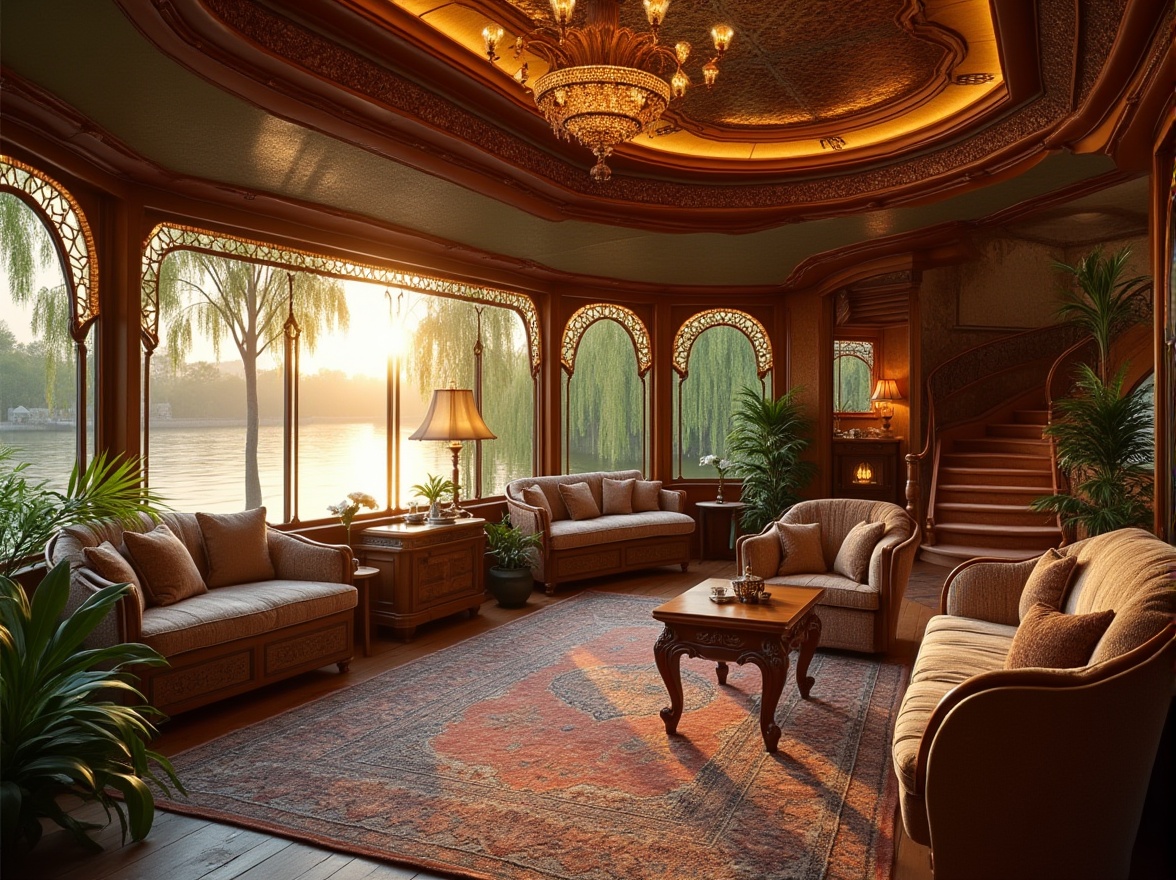 Prompt: Art Nouveau boathouse, luxurious interior, functional spaces, elegant curved lines, ornate wooden furniture, velvet upholstery, golden lighting fixtures, stained glass windows, intricate ironwork, riverbank setting, sunset time, warm soft light, tranquil atmosphere, water reflections, lush greenery, weeping willows, vintage nautical elements, distressed wood accents, plush area rugs, majestic staircase, grand chandelier, ornate ceiling details, warm beige colors, natural materials, organic textures.