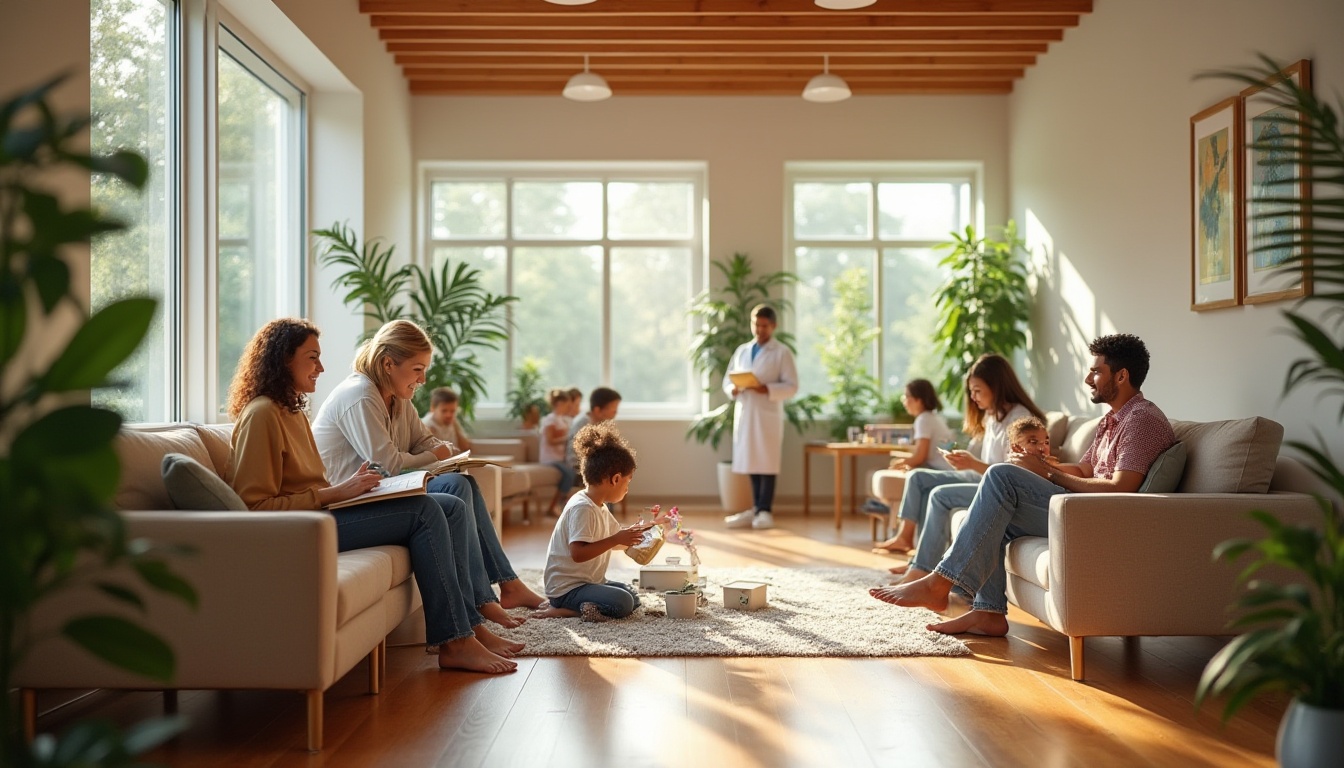 Prompt: Modern clinic interior, community space, large windows, natural light, wooden floor, comfortable sofas, green plants, vibrant artwork, warm color scheme, people of different ages and cultures interacting, playing with children, reading books, laptops open, friendly doctors and nurses chatting, soft background music, calm atmosphere, 3/4 composition, shallow depth of field, morning sunlight, relaxed mood, inviting decor, minimalist furniture.