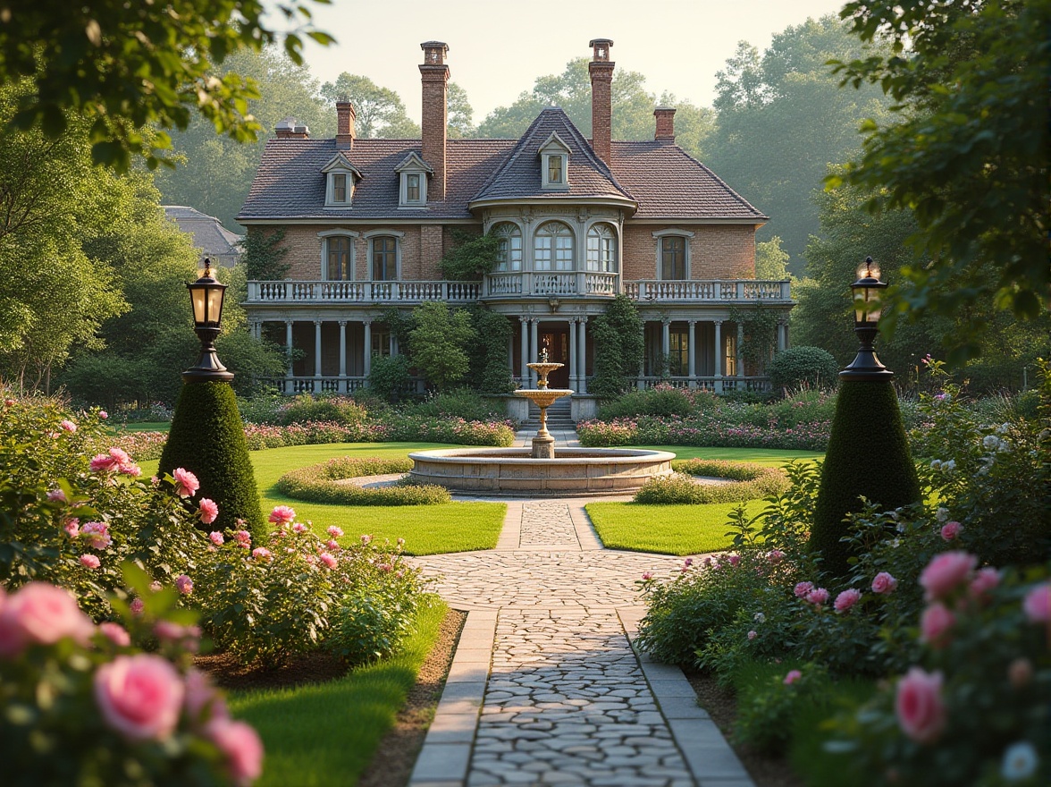 Prompt: Classic homes, elegant gardens, vibrant flowers, lush greenery, symmetrical layouts, ornate fountains, meandering stone pathways, Victorian-style gazebos, natural stone walls, blooming rose bushes, manicured lawns, decorative street lamps, warm afternoon sunlight, soft focus, 3/4 composition, shallow depth of field, romantic ambiance.