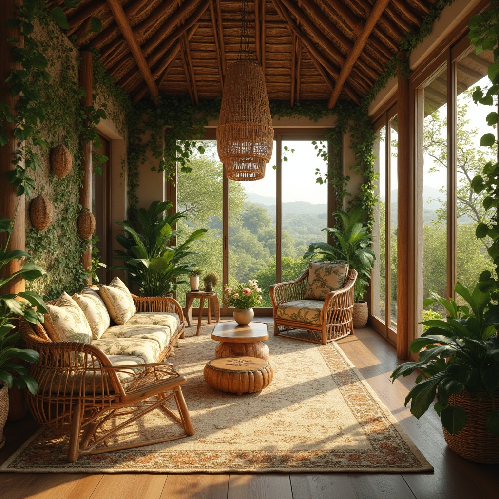 Prompt: Savanna-inspired designs, connecting with nature, earthy tones, natural materials, woven basket, wicker furniture, rattan chairs, wooden accents, leaf-patterned fabrics, vibrant flowers, greenery, vines crawling up walls, open spaces, floor-to-ceiling windows, panoramic views, warm sunlight, soft shadows, 3/4 composition, cinematic lighting, depth of field, realistic textures.