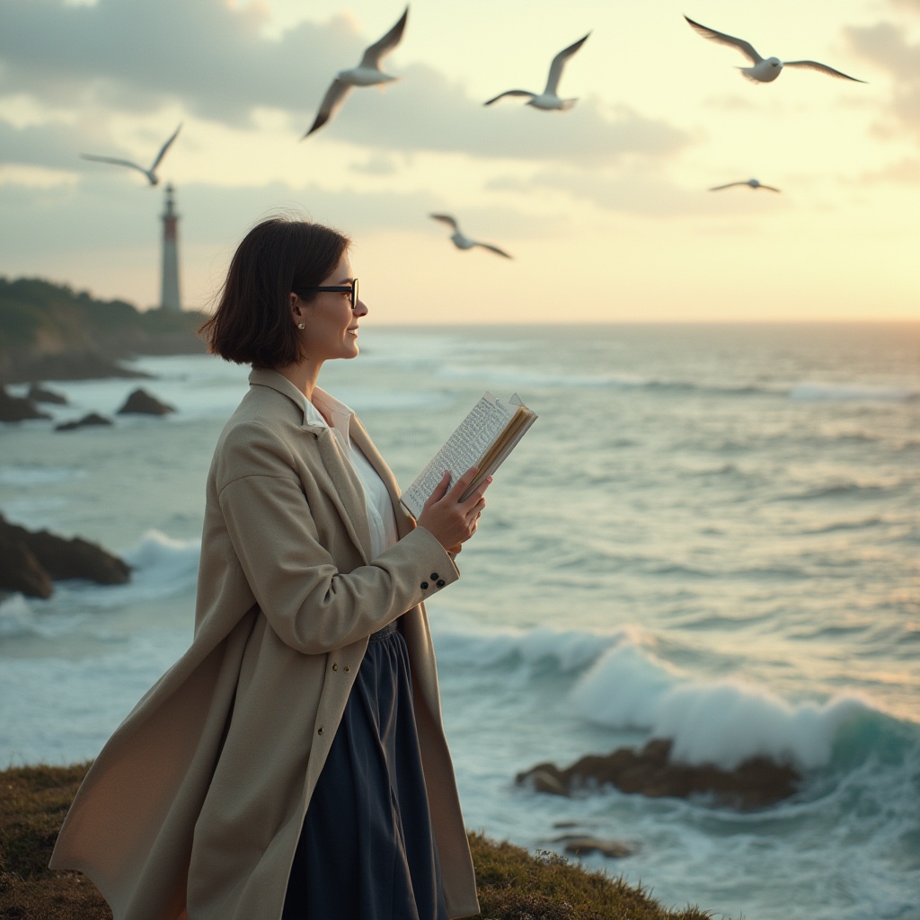 Prompt: Mature lady, professor, solo, (35yo), short brown hair, glasses, elegant smile, wearing a long beige coat, white blouse, dark blue skirt, holding a book, standing on the cliff, overlooking the ocean, watching towers, lighthouse in the distance, seagulls flying, waves crashing, strong wind blowing, cloudy sky, warm sunlight, cinematic composition, 3/4 view, shallow depth of field, realistic, ambient light, morning mood.