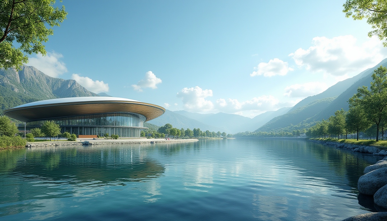 Prompt: Lakefront soccer stadium, modern architecture, curved lines, sleek design, transparent roof, large glass windows, reflective lake water, surrounding lush greenery, mountains in distance, sunny day, blue sky, few clouds, dramatic lighting, low-angle shot, 3/4 composition, emphasis on stadium structure, material