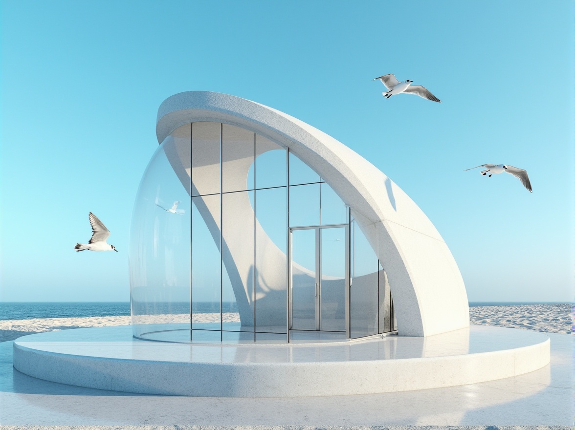 Prompt: Beach monument, modern architecture, polycarbonate material, transparent walls, reflective surface, sleek lines, futuristic design, ocean views, sandy dunes, seagulls flying overhead, sunny weather, clear blue sky, low-angle shot, wide-angle lens, dramatic lighting, high-contrast colors, abstract composition, geometric shapes, metallic accents, stainless steel details, minimalist aesthetic.