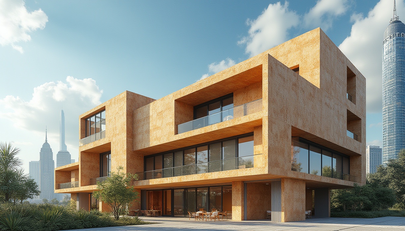 Prompt: Modern architectural design, cork material, sustainable building, natural texture, earthy tone, wooden accents, sleek lines, minimalist decor, urban skyscraper, cityscape, sunny day, blue sky, white clouds, 3/4 composition, low-angle shot, dramatic lighting, shallow depth of field.