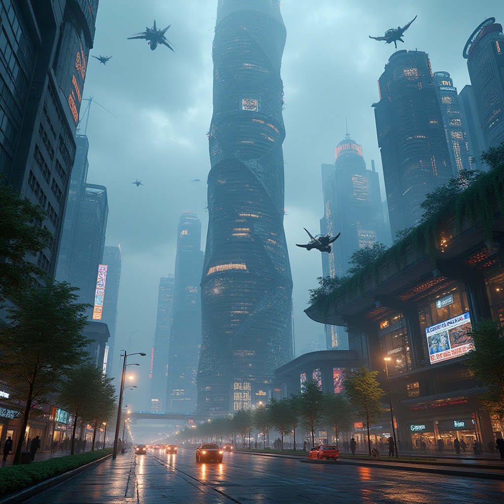 Prompt: Futuristic cityscape, fusion architecture, urban setting, skyscraper, steel frame, glass façade, LED lighting, modern metropolis, busy streets, flying cars, holographic advertisements, pedestrian walkway, green roof, solar panels, wind turbines, vibrant nightlife, 3/4 composition, low-angle shot, cinematic lighting, misty atmosphere, depth of field, urban jungle, sustainable city, eco-friendly design.