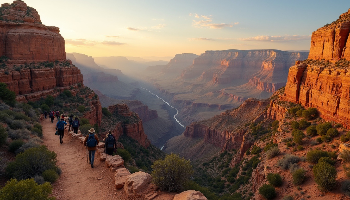 Prompt: Canyon landscape, majestic Grand Canyon, vast valley, rocky cliffs, layers of sedimentary rocks, deep gorge carved by Colorado River, warm golden light at sunrise or sunset, few wispy clouds in the sky, sparse trees and bushes on the cliff edges, a winding hiking trail descending into the canyon, a few tourists or hikers exploring, backpacks and walking sticks, comfortable outdoor clothing, natural textures, earthy tones, 3/4 composition, panoramic view, cinematic mood, soft warm lighting, HDR.