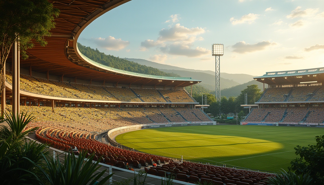 Prompt: Savanna stadium, case study, successful architecture, African-inspired design, curved lines, green roof, natural ventilation, wooden seats, vibrant colored accents, sunset lighting, dramatic shadows, majestic grandstand, lush greenery surroundings, tropical plants, palm trees, sunny weather, clear blue sky, 3/4 composition, low-angle shot, ambient occlusion, cinematic rendering.