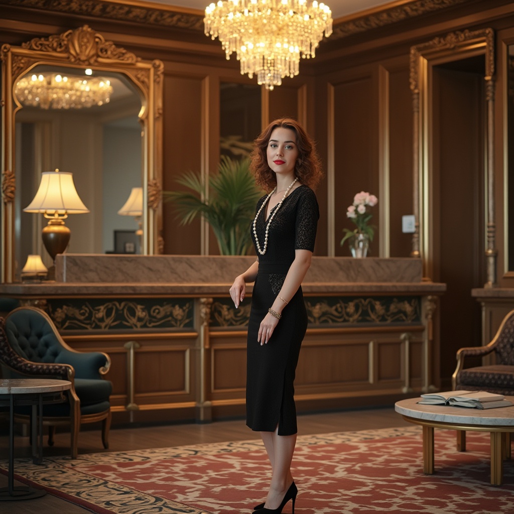 Prompt: Luxurious hostel lobby, Art Deco style, glamorous chandelier, ornate mirror frame, geometric patterned rug, velvet sofa, golden metal legs, marble coffee table, sleek reception desk, elegant female receptionist, 1920s inspired outfit, curly brown hair, red lipstick, pearl necklace, standing with hands clasped together, warm smile, softbox lighting, shallow depth of field, vintage camera composition.