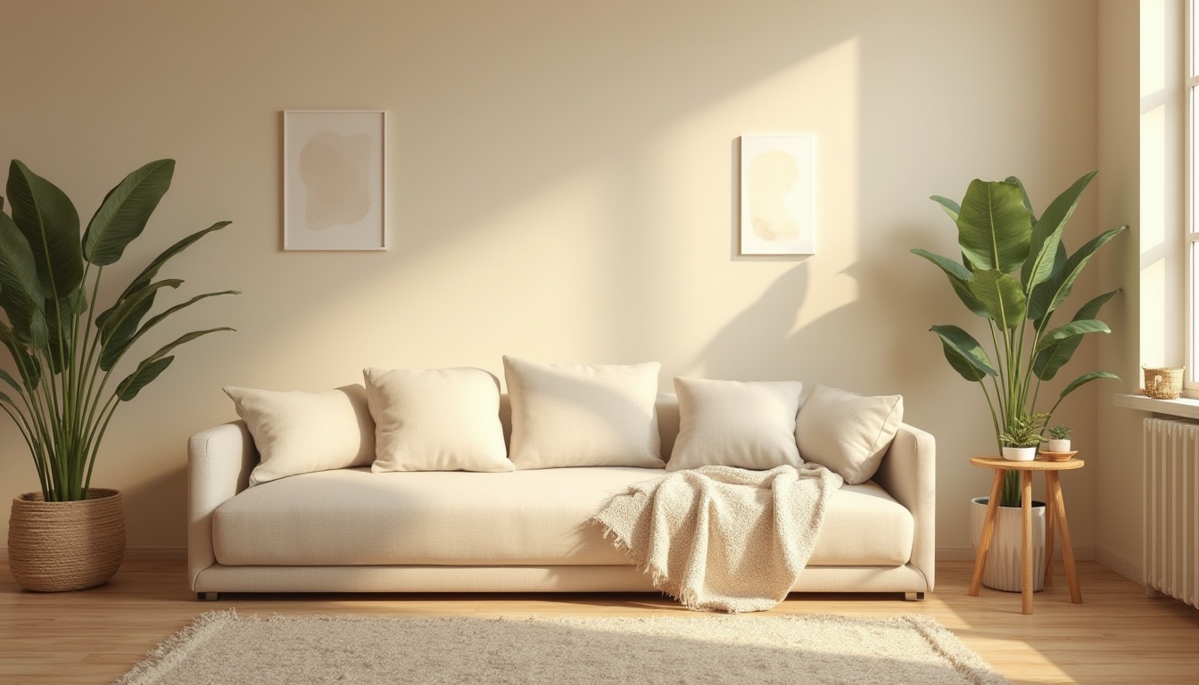 Prompt: Calming interior, healing environment, therapist's office, comfortable couch, soft cushions, pastel colors, gentle beige walls, warm wooden floor, natural textiles, woven basket, potted plants, greenery, ambient lighting, subtle shadows, serene atmosphere, minimal decor, cozy throw blanket, soothing artwork, earthy tones, organic shapes, peaceful ambiance, 3/4 composition, soft focus, warm color palette.