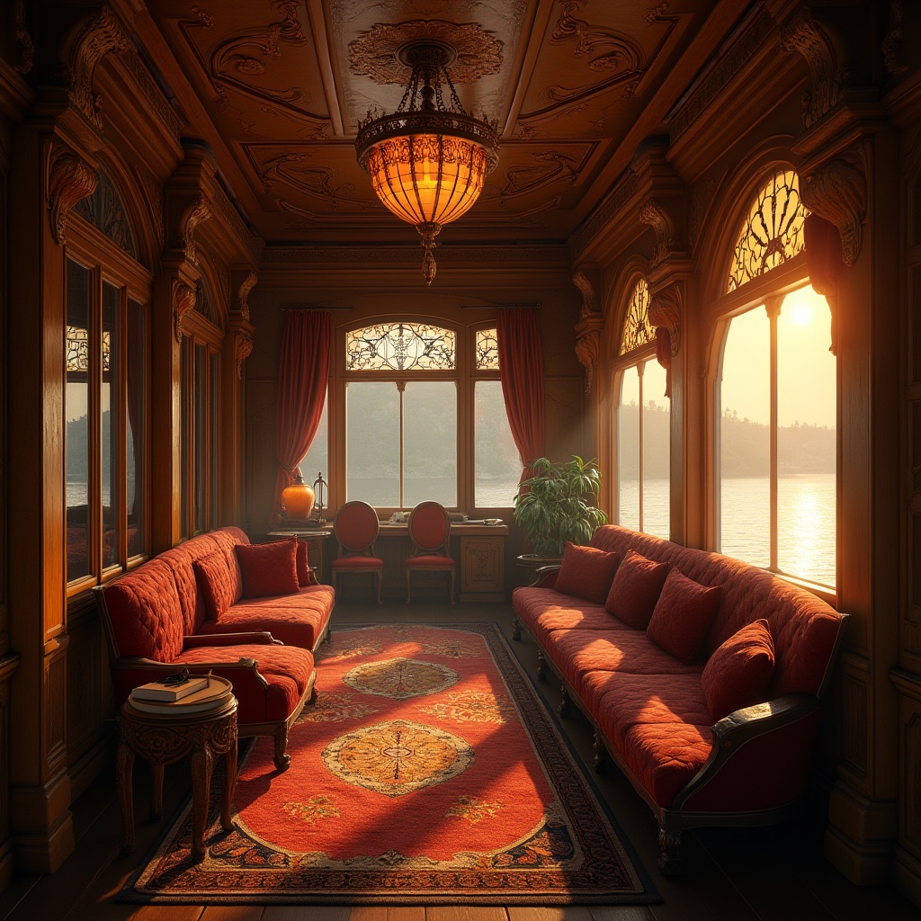 Prompt: Art Nouveau boathouse, luxurious interior, ornate wooden panels, curved lines, organic shapes, elegant chandeliers, lavish furnishings, plush velvet sofas, intricately carved wooden chairs, stained glass windows, river views, sunset lighting, warm golden tones, soft focus, shallow depth of field, dramatic shadows, cinematic composition, 3/4 view, atmospheric mist.