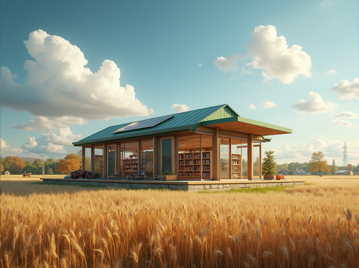 Prompt: Rural library, modern architecture, large windows, wooden shelves, comfortable reading area, natural light, green roof, solar panels, surrounded by farmland, wheat fields, tractors, farmhouses, rural roads, clear blue sky, fluffy white clouds, warm sunlight, peaceful atmosphere, 3/4 composition, soft focus, warm color tone, film grain effect.